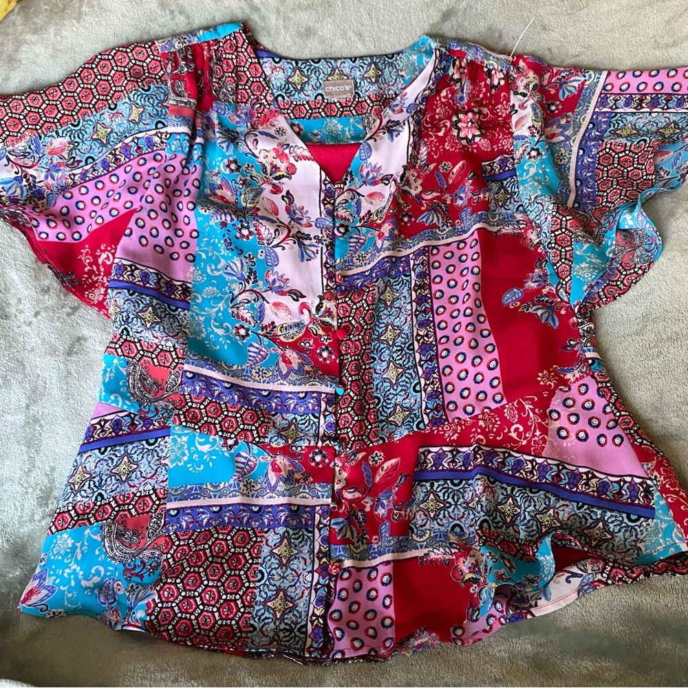Chicos Multicolor Patchwork Print Flutter Sleeve … - image 2